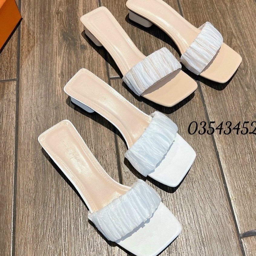 ZZ99- Dép/ guốc cao gót 4 phân gót vuông( nhún meka kết hợp voan)- bèo 4f