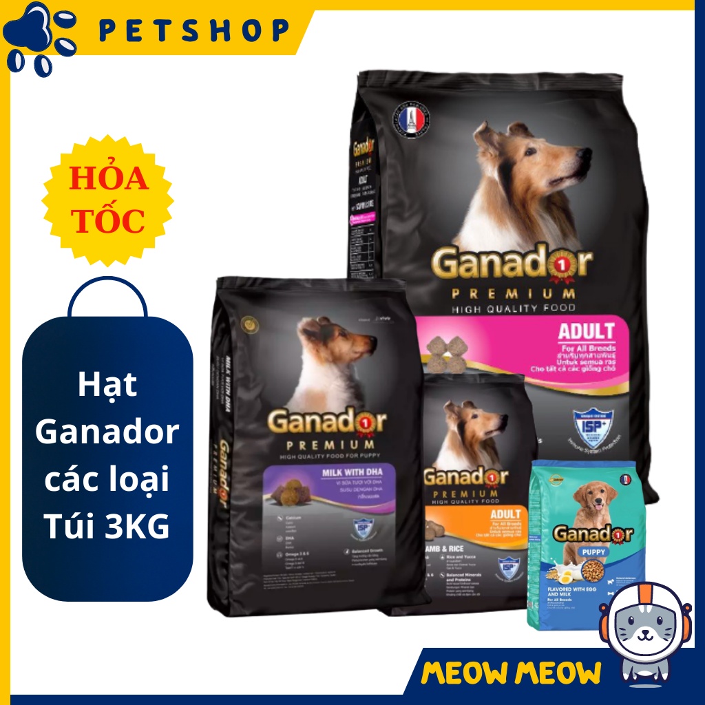 Thức ăn Hạt Khô Ganador cho chó đủ vị | Túi 3KG | Hạt Ganador cho chó vị Cừu và Gạo, vị Cá hồi và Gạo, vị Sữa DHA.