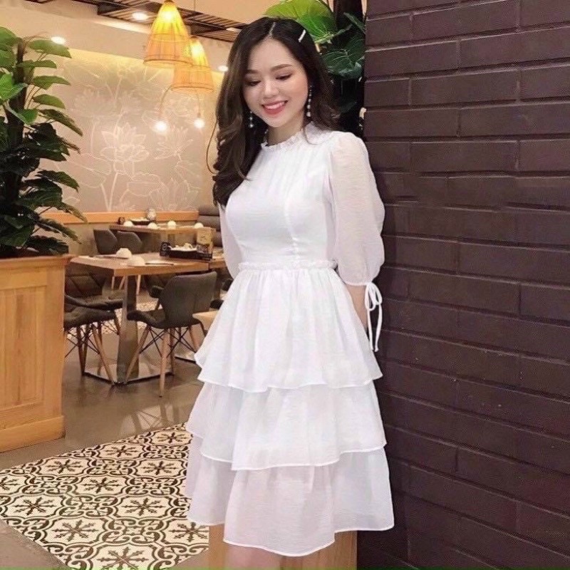 Đầm trắng dự tiệc vải voan nhiều tầng, váy tiểu thư tay lỡ nhẹ nhàng