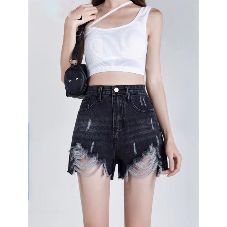 Quần short jean nữ BigSize lưng cao trên rốn, co dãn mạnh, tua lai, màu XÁM ĐEN rách bụi dành cho người mập 4342 MLJ