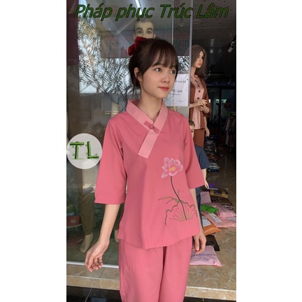 Áo lam đi chùa - Mẫu lụa 1 nút kate phối