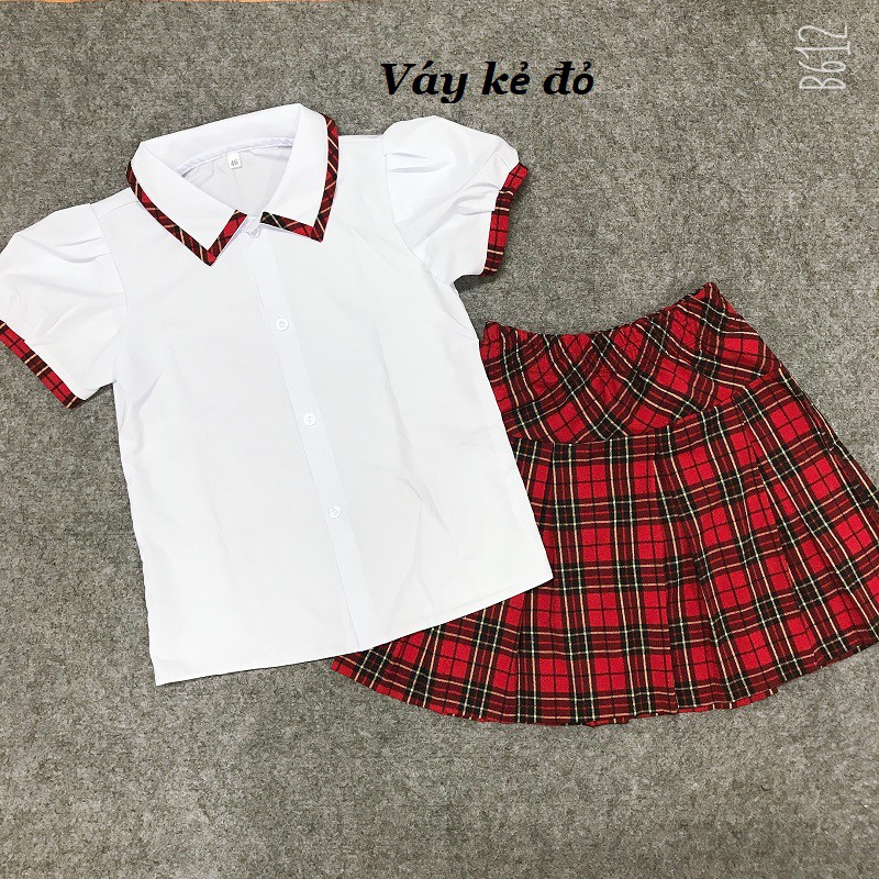 Váy học sinh đồng phục học sinh áo sơ mi trắng và chân váy kẻ xếp ly liền quần từ 6-14 tuổi XHN698