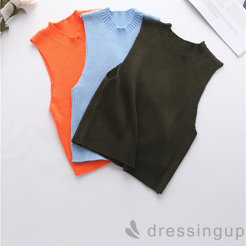 Áo Dệt Kim Sát Nách Cổ Tròn Màu Sắc Đơn Giản Cho Nữ