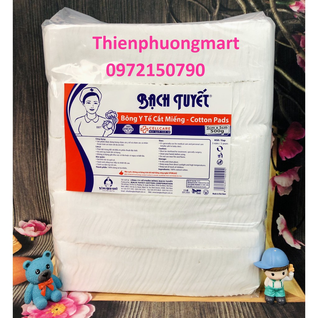 Bông gòn cắt sẵn cho spa, phun xăm size 5x5 gói 500gr -  Bông Bạch tuyết cắt sẵn gói 0,5kg ( size 5x5 )