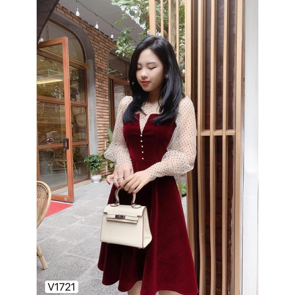 Váy nhung đỏ tay phối ren V1721 - DVC Dolce Viva Colection Authentic ( Ảnh mẫu và ảnh trải sàn do shop tự chụp )