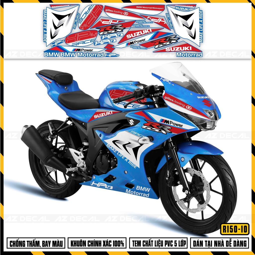 Tem Chế Xe Suzuki GSX R150 Mẫu HP4 | GSX R150-10 | Decal Rời Cắt Khuôn Sẵn Dễ Dán, Áp Dụng Xe Sơn Đỏ, Xanh, Đen, Trắng