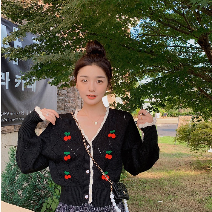 Áo Cardigan dệt kim dài tay cổ chữ V hoạ tiết cherry thiết kế đơn giản