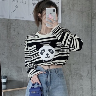 【ZHELIHANGFEI】Áo Dệt Kim Dài Tay Lưng Cao Phối Dây Rút Họa Tiết Gấu Trúc Đáng Yêu