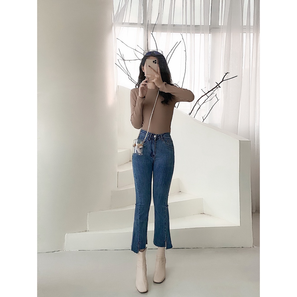 Quần jeans ống loe xẻ gấu LYRA, bò cao cấp trơn lưng cao xẻ gấu cá tính-VSYQD0094