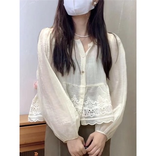 Áo kiểu tay dài cổ tròn phối ren dáng rộng thời trang hàn quốc cho nữ
