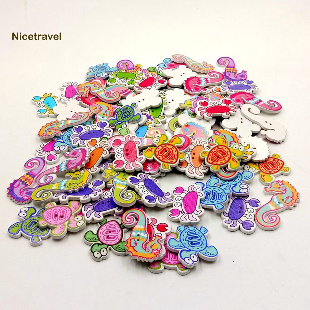 【 Set 50 Nút Gỗ 2 Lỗ Họa Tiết Cá Ngựa / Cua / Động Vật Hoạt Hình