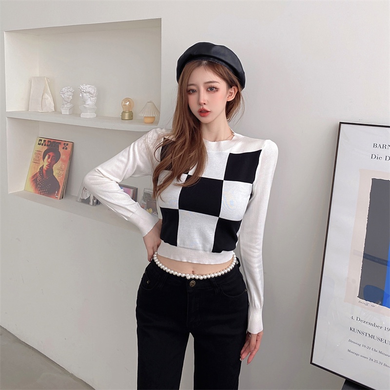 Áo Dệt Kim Tay Dài Dáng Ngắn Họa Tiết Sọc Caro Phong Cách Retro