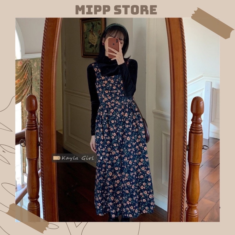 Set Váy Yếm Hoa + Áo Thun Đen Phong Cách Retro 🌻 Thời Trang Cho Nữ