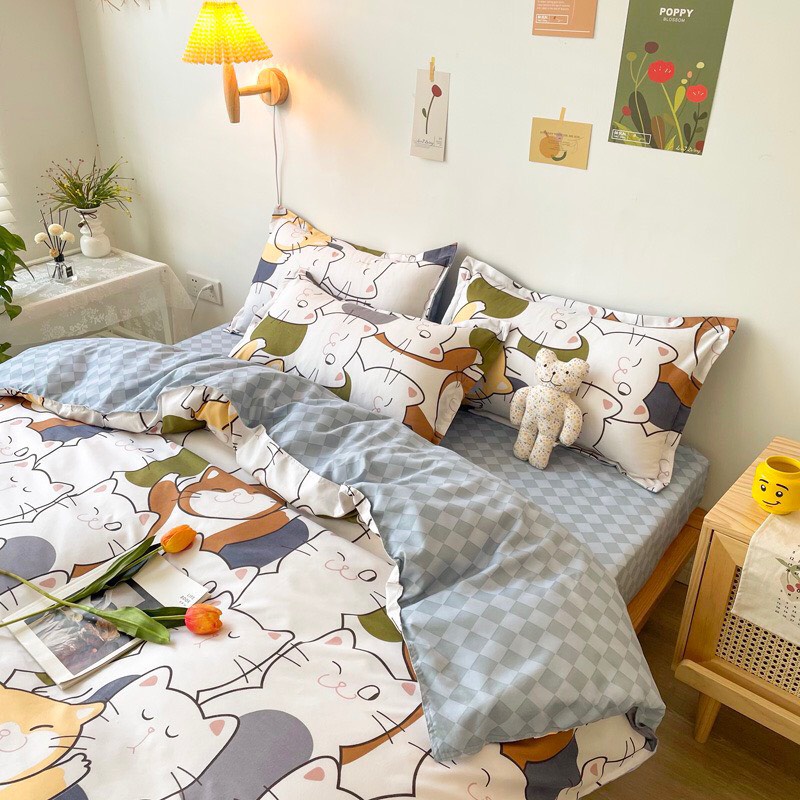 Bộ chăn ga gối Cotton poly M2T bedding vỏ chăn mền, drap ga giường và 2 vỏ gối nằm họa tiết mèo nhí nhố | BigBuy360 - bigbuy360.vn