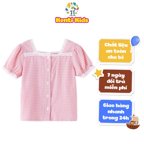 Áo Thun Kenti Kids Sọc Caro Cổ Vuông Viền Ren Trắng Cho Bé Gái