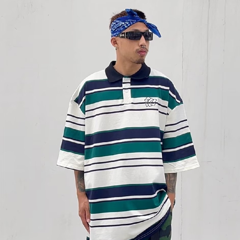 Áo Thun POLO Ngắn Tay Form Rộng Họa Tiết Kẻ Sọc Phong Cách Hiphop Đường Phố Hàn Quốc