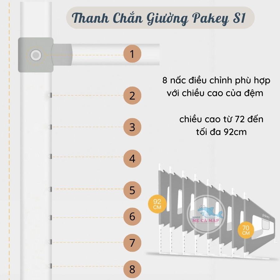 Thanh chắn giường Pakey S1 NEW 2022, KHUNG SIÊU DÀY nâng hạ 1 bên cao cấp màu ghi (1 thanh chắn 1 mặt)
