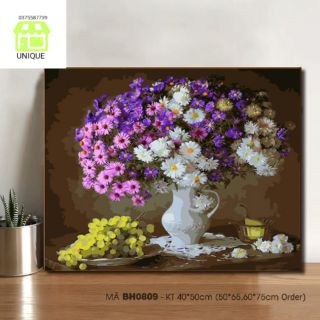 Tranh số hóa size 40x50 đã căng khung và đầy đủ phụ kiện mã BH0908 HOA THẠCH THẢO TRẮNG VÀ TÍM