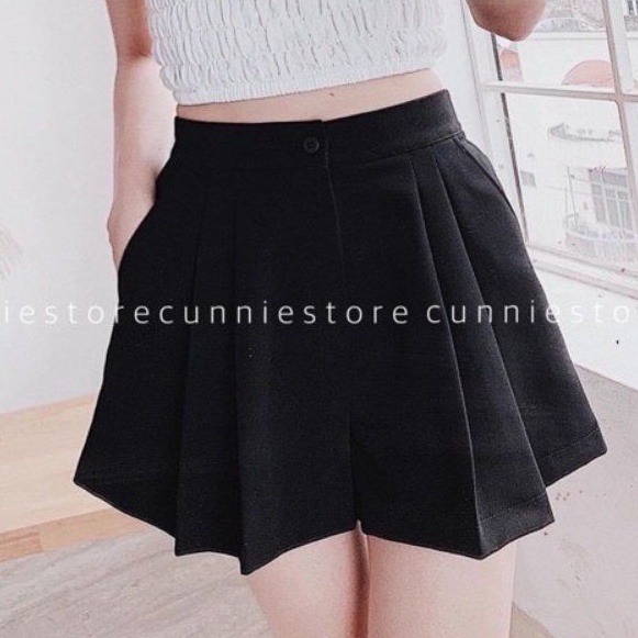 Quần shorts xếp ly vải tuyết mưa cạp cao phối lưng thun