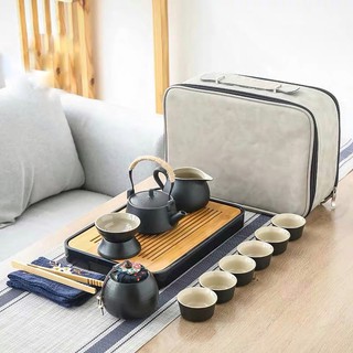 Bộ Ấm Trà Bằng Gốm Sứ Cao Cấp 12 món Pha Trà Đạo - Kèm Khay & Túi Xám