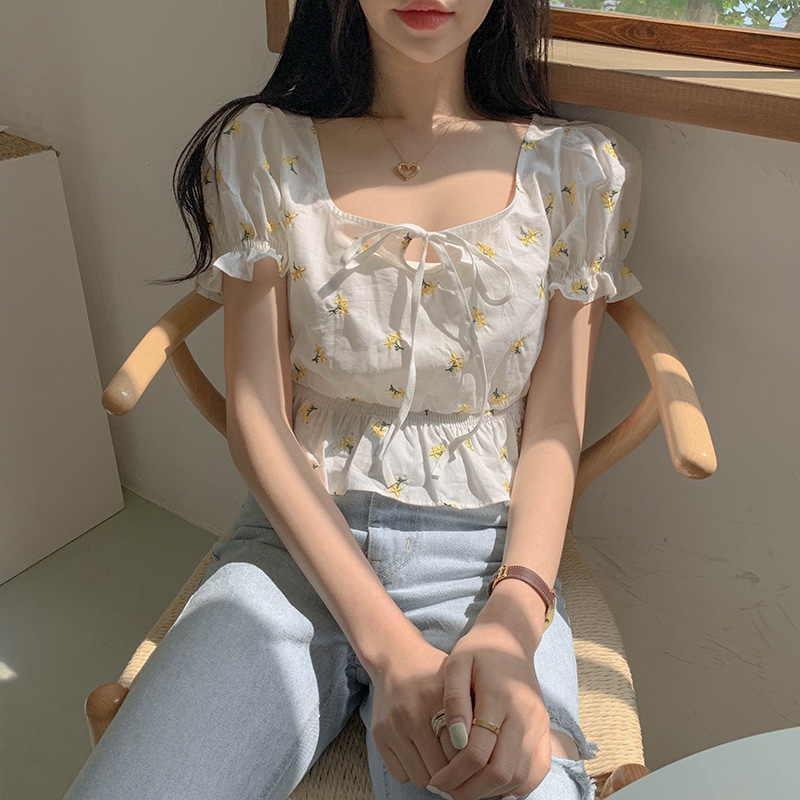 SUXI Áo Sơ Mi Tay Phồng Thêu Hoa Xinh Xắn Cho Nữ