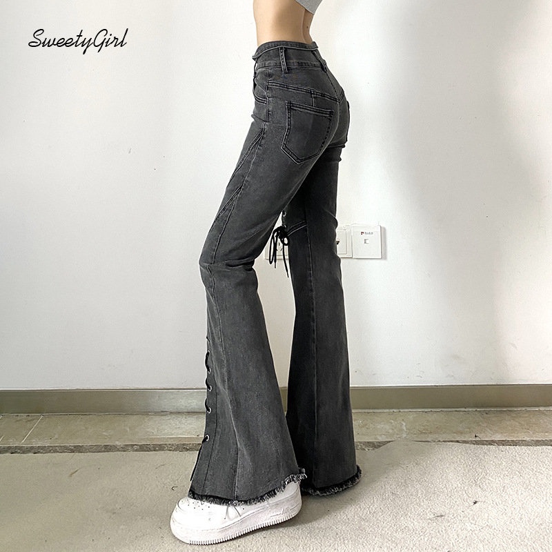 Quần Jean Dài Lưng Thấp Màu Trơn Đính Nơ Thời Trang 2022 Cho Nữ