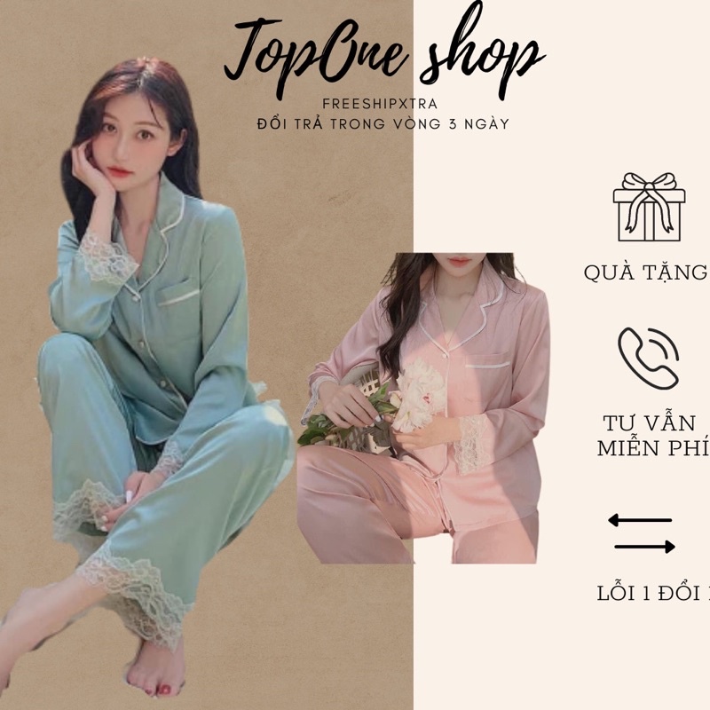 Bộ pijama lụa dài phối ren , bộ ngủ 2 màu hồng xanh có kèm bịt mắt