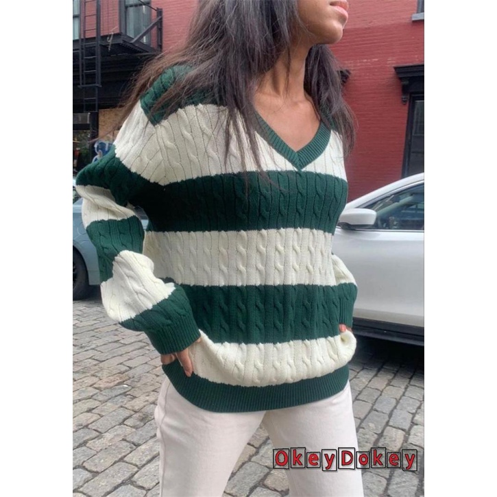 Áo Sweater Dệt Kim Tay Dài Cổ Chữ V Phối Họa Tiết Kẻ Sọc Thời Trang Thu Đông Cho Nữ