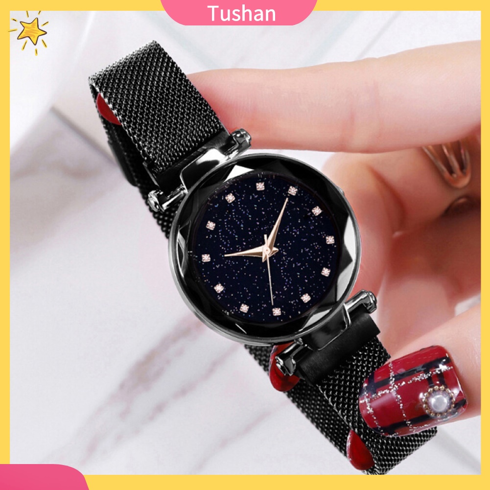 Đồng hồ thạch anh analog đeo tay dây từ họa tiết sao/kim cương cho nữ