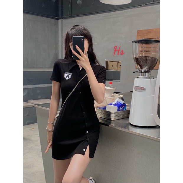 [ GIÁ RẺ CHÀO HÈ ] Váy thun nữ body 10 cúc chéo thêu logo huy hiệu  phong cách cá tính hottrend 365