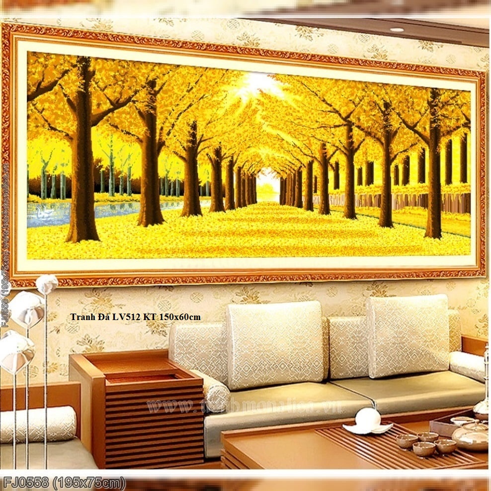 Tranh gắn đá hàng cây lá vàng KT:150x60cm,tranh đính đá chưa đính.