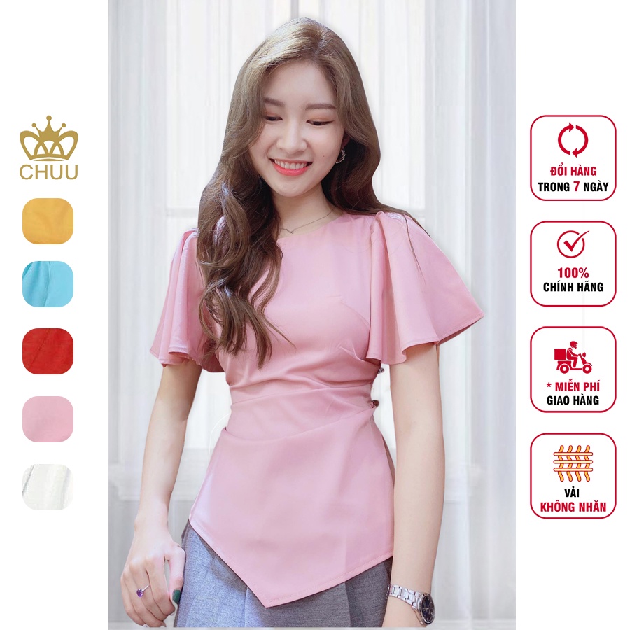 Áo kiểu công sở nữ che bụng xếp eo đính nút ngọc vạt nhọn tay phồng CHUU A5686