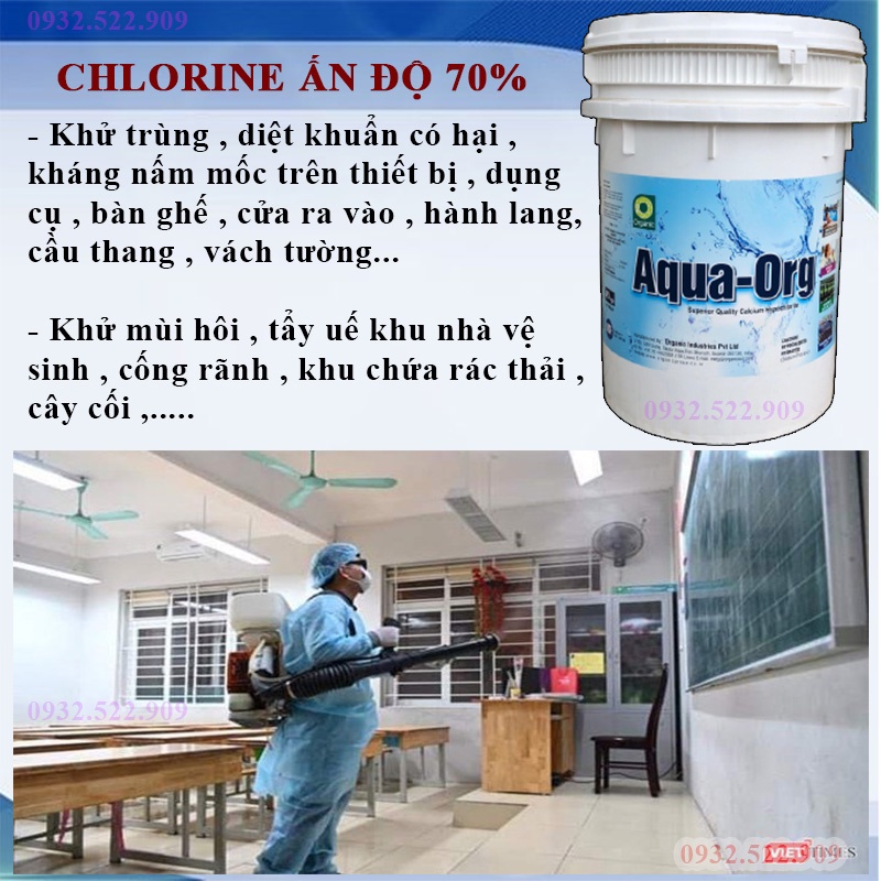 Xử lý hồ bơi , khử trùng dụng cụ , sát khuẩn nguồn nước , tẩy rong rêu ao hồ , Chlorine Ấn Độ 70% 1kg