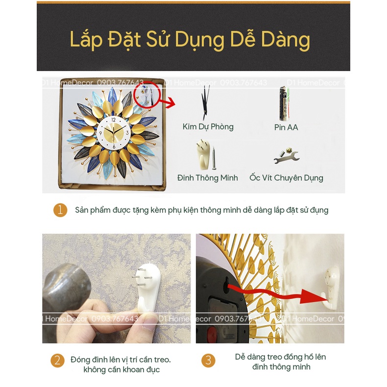 Đồng Hồ Treo Tường Trang Trí Decor - Mẫu Đồng Hồ Hoa Mặt Trời May Mắn - Trang Trí Nhà Cửa  - BH 5 năm - D1Home - DT48