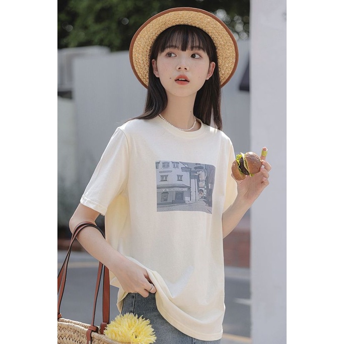 Áo Thun Ngắn Tay Cổ Tròn Dáng Rộng In Họa Tiết Đơn Giản Theo Phong Cách Hàn Quốc