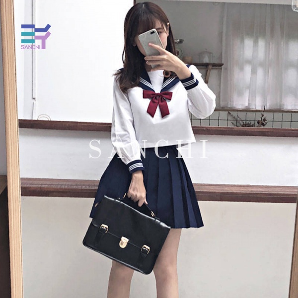 Set đồng phục nữ sinh Nhật Bản gồm áo sơ mi cổ thủy thủ + chân váy xanh đen có bán lẻ
