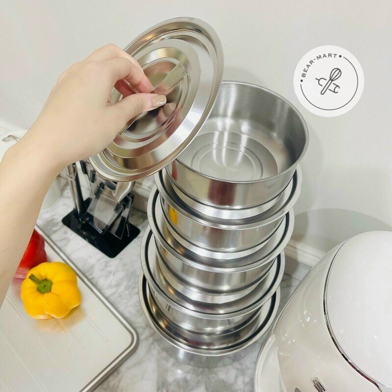 Bộ 5 thố Inox có nắp không quai đậy đủ kích thước cao cấp