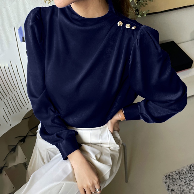 Áo sơ mi ZANZEA tay dài cổ đứng thiết kế cài nút thời trang Hàn Quốc dành cho nữ