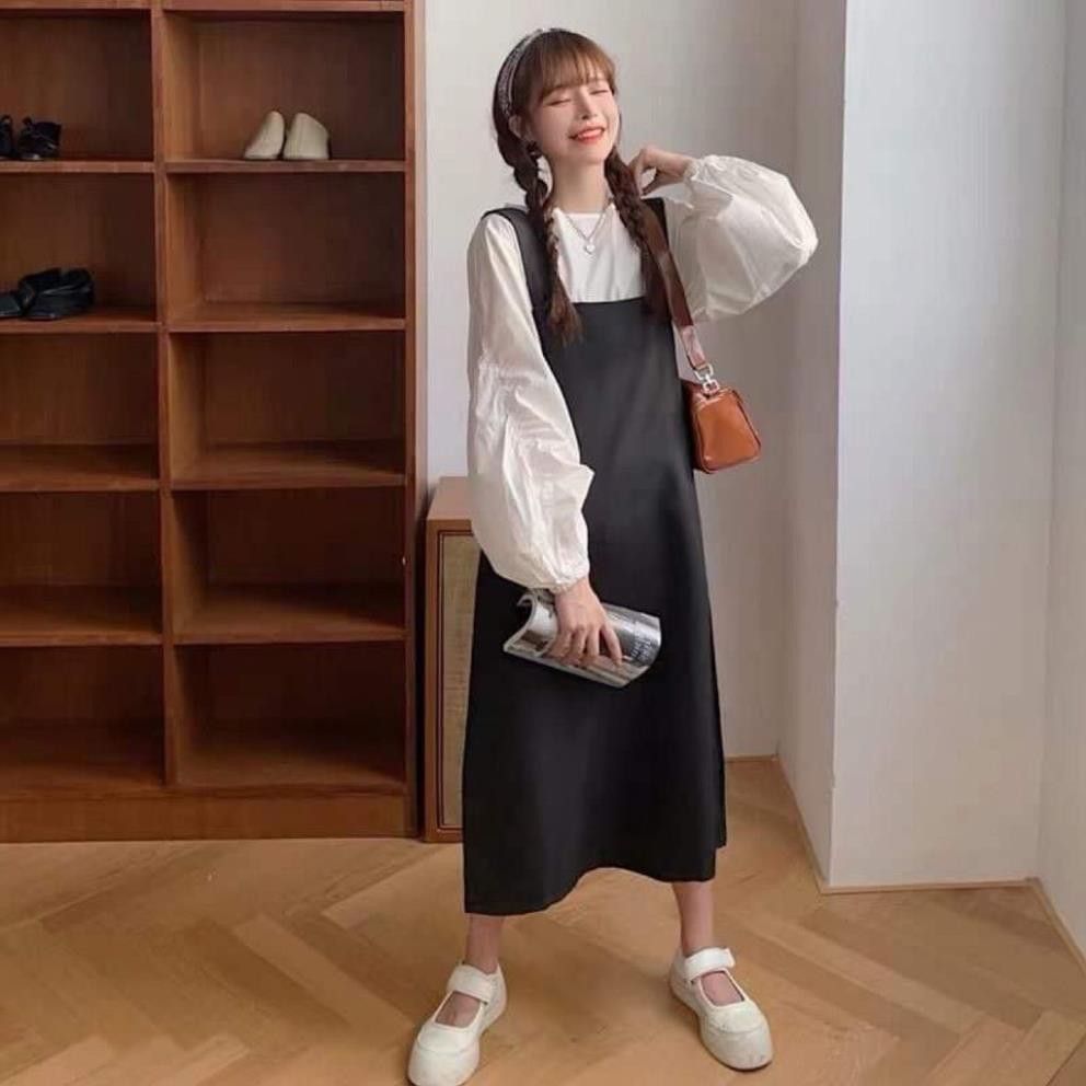 Set Yếm Kaki Đen Kèm Áo Tay Bồng ,Váy Kèm Áo Thun Chất Đũi Trắng X009 | BigBuy360 - bigbuy360.vn