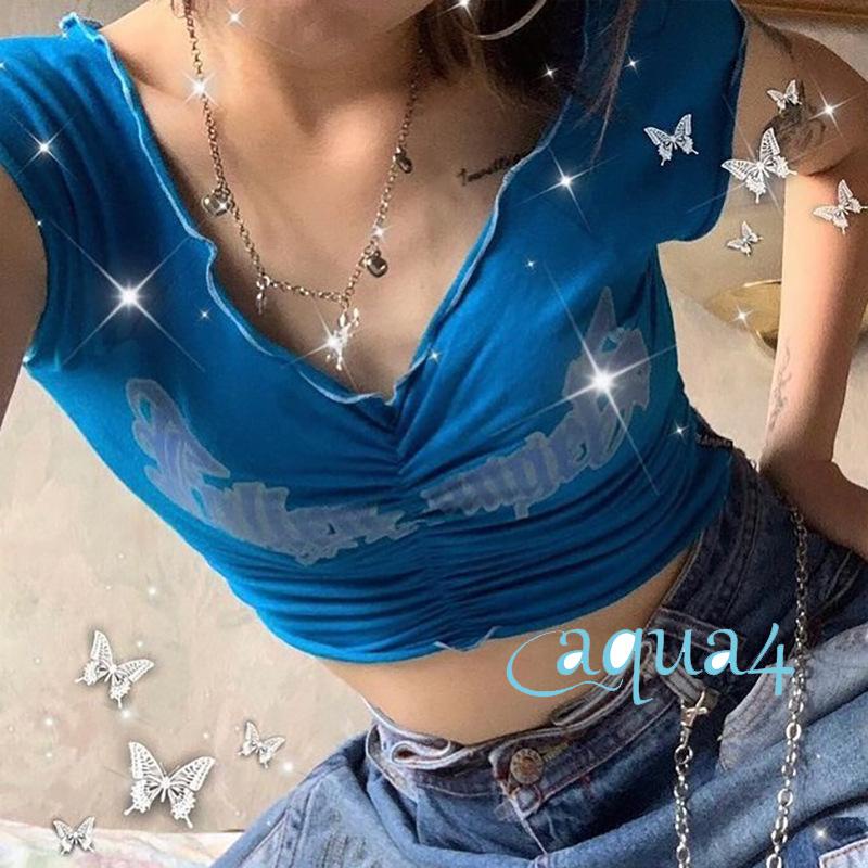 Áo lửng tay ngắn hở vai in chữ thời trang quyến rũ cho nữ