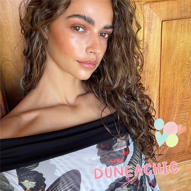 DUNEA Áo Thun Dài Tay Trễ Vai In Hình Bướm Xinh Xắn Dành Cho Nữ