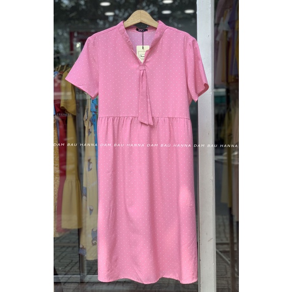 [HANNA] Đầm bầu công sở vải mát mùa hè không nhăn co dãn nhẹ thấm mồ hôi tốt free size 40-70kg dài tới gối có 2 túi bên