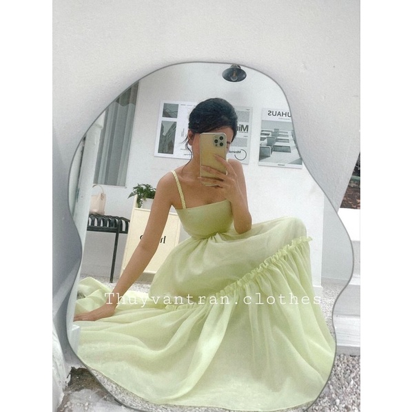 Đầm maxi xanh lá cây dây thắt bím thanh lý