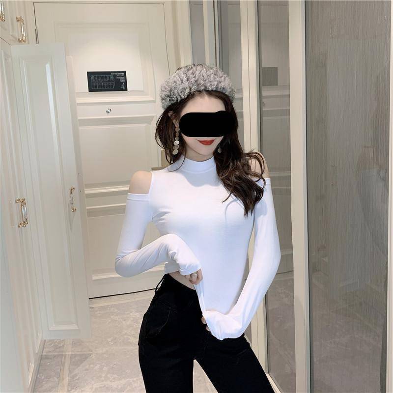 SUA010 Áo thun ôm body cổ lọ khoét vai đen trơn tay dài tôn dáng Áo phông kiểu nữ hở 2 vai cao cổ hè thu đông