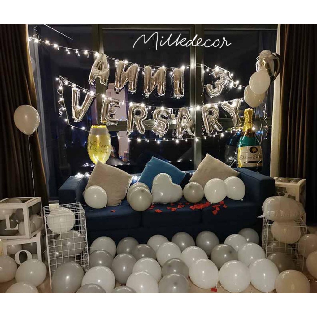 {Tặng Dây Đèn Led} Phụ kiện bóng trang trí kỷ niệm ngày cưới Anniversary Tông Bạc MS88