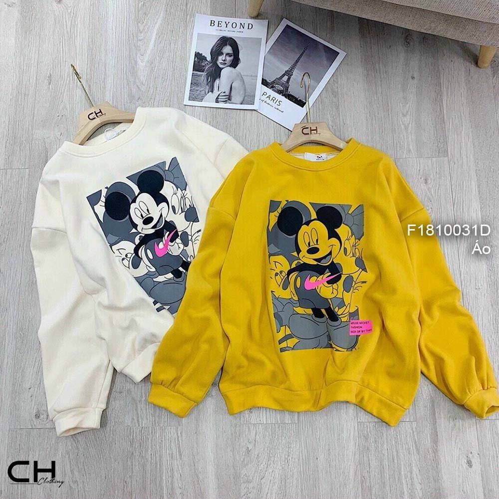 Áo thun nỉ phối hình mickey form rộng tay dài!