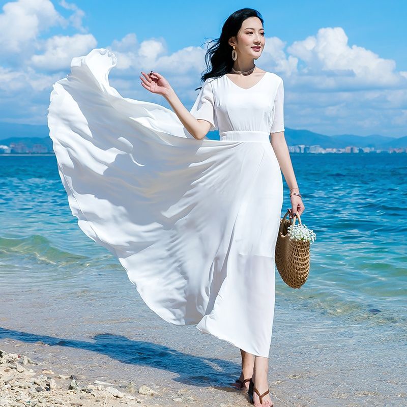 Đầm Voan Cánh Dơi Cổ Chữ V Dáng Dài Qua Gối Tay Ngắn Màu Sắc Trơn Size Lớn M-5XL Thời Trang Đi Biển Cho Nữ