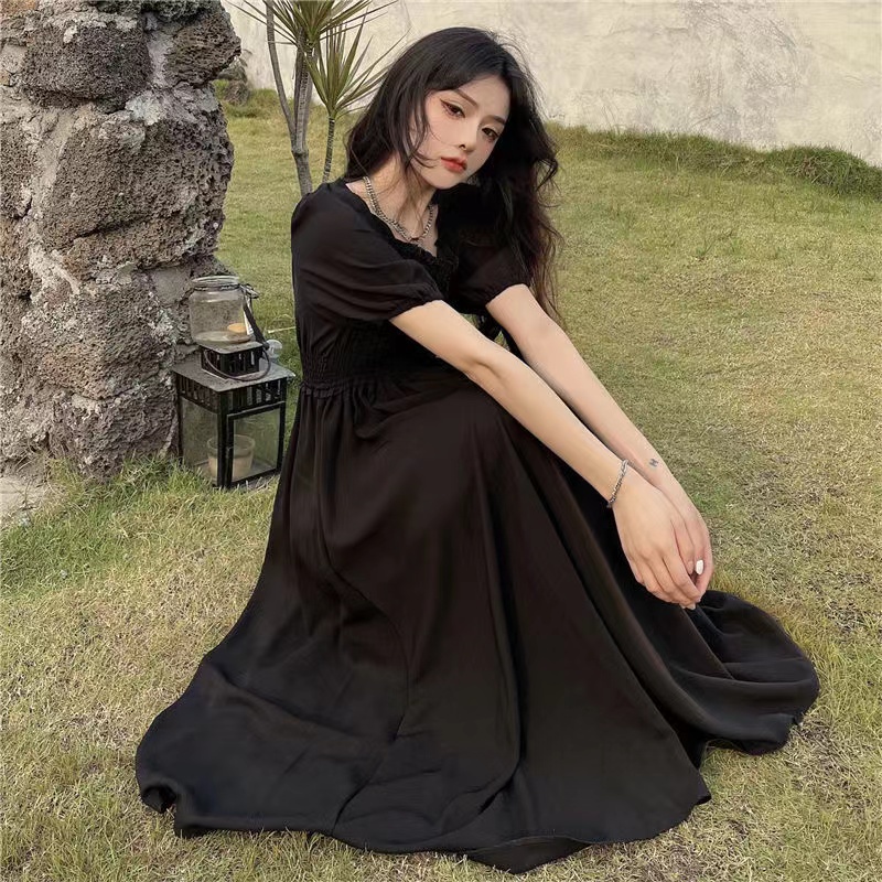 Đầm Maxi Đen Tay Ngắn Cổ Vuông Eo Co Giãn Có Size S-3XL Dành Cho Nữ