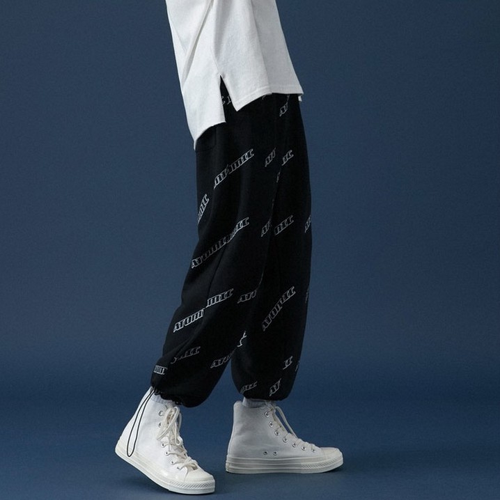Quần ống rộng in họa tiết chữ phong cách hiphop Hàn Quốc cá tính cho nam nữ