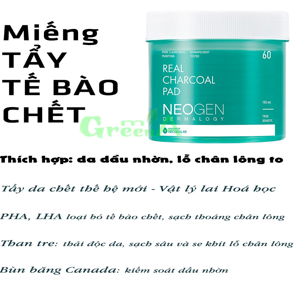 Tẩy Da Chết Bột Than Tre Neogen Dermalogy Real Charcoal Pad 60 Miếng Se Khít Lỗ Chân Lông, Giảm Mụn Nhờn [CHÍNH HÃNG]